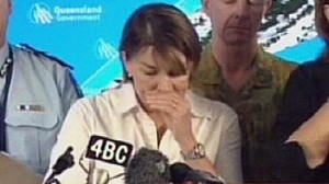 Anna Bligh breaks down at press conference today (image from Herald Sun via Channel Nine)